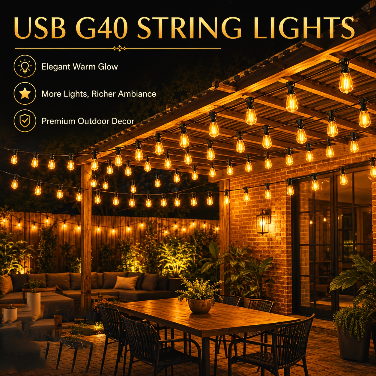 TEMU 30/20/10 Led G40 String Lights, 8 Lighting , Dimmable Shatterproof Bulbs, Garden Hanging String Lights For Indoor/outdoor Patio, Porch, Balcony