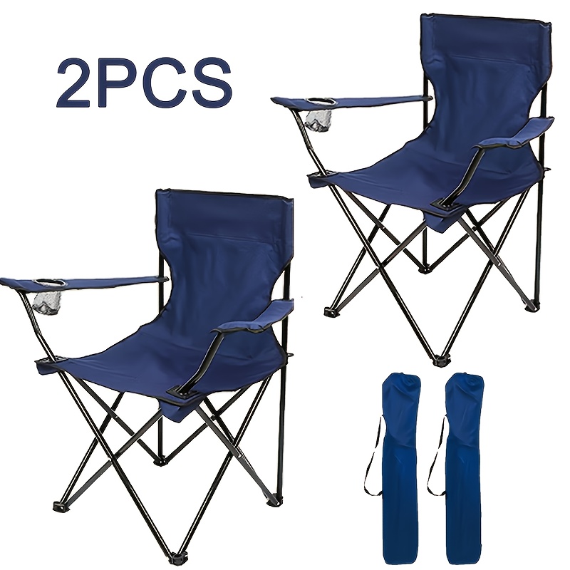 TEMU 2 Packs Foldable Camping Chairs With Storage Portable Bags | Steel And Oxford Cloth, Cup-holders, Solid Back, Suitable For Indoor & Outdoor Use,