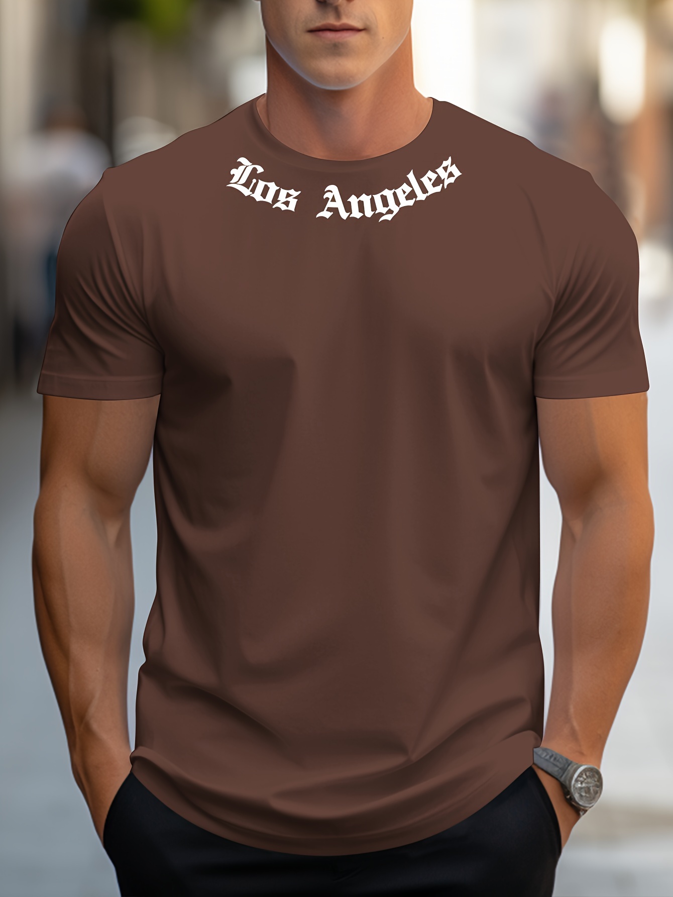 Los Angeles Graphic Print Men's Creative Top, Casual Short Sleeve Crew Neck T-shirt, Men's Clothing For Summer Outdoor