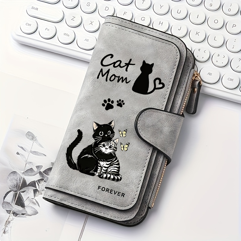 TEMU Retro Fashion Women's Wallet, Cute Kitten Print, Casual Stylish Purse, Card Slots, Credit Card Holder, Bifold Design, Zippered Coin Purse,