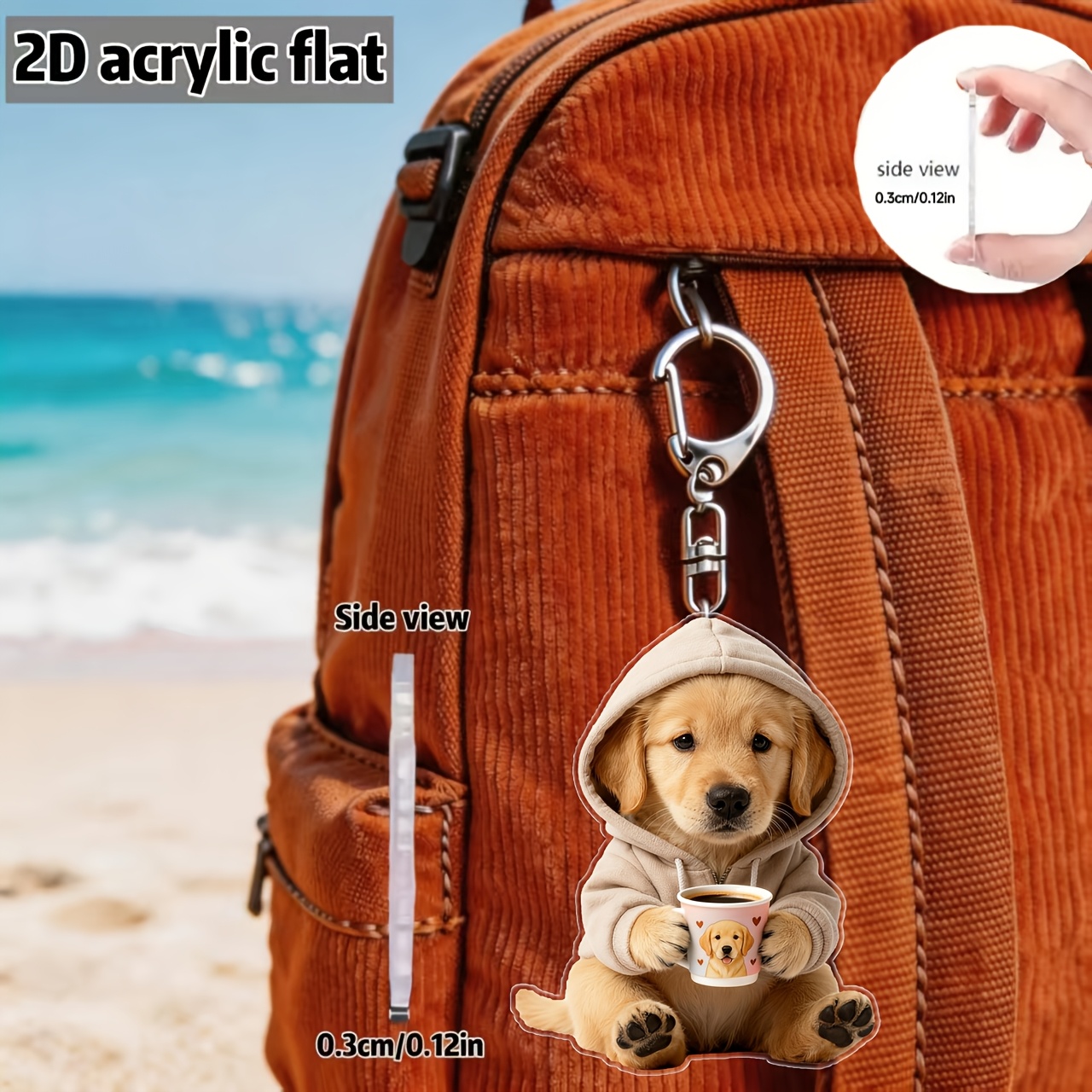 TEMU 2d Flat, 1pc Of Adorable Golden Retriever Drinking Coffee Pattern Keychain, Dog-themed Decorative Pendant, Multifunctional Keychain Ornament,