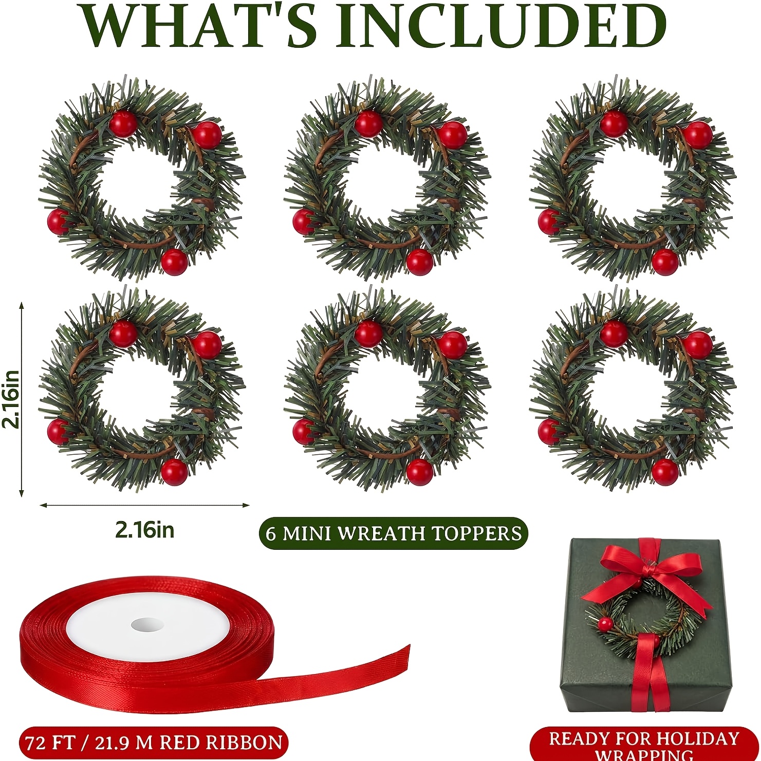 TEMU 6 pezzi Topper per Regali Natalizi, Mini con Aghi di Pino, Decorazioni per Pacchi con Nastro da 72 piedi, Accessori per Scatole Regalo con