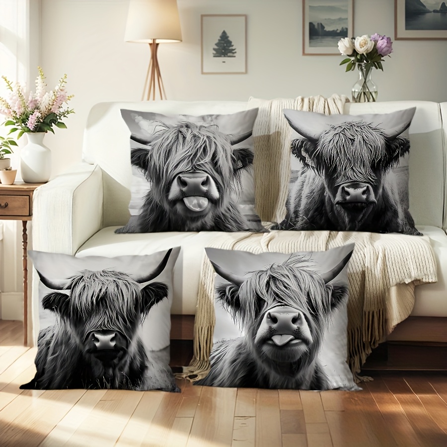 

4pcs Gothic Dark Animal Ink Cow Pillow Case, Country Style, Multi-element Combination, Machine Washable With Zipper Closure, Home Decor, Room Decor, Bedroom Decor, Living Room Decor, Multiple Sizes