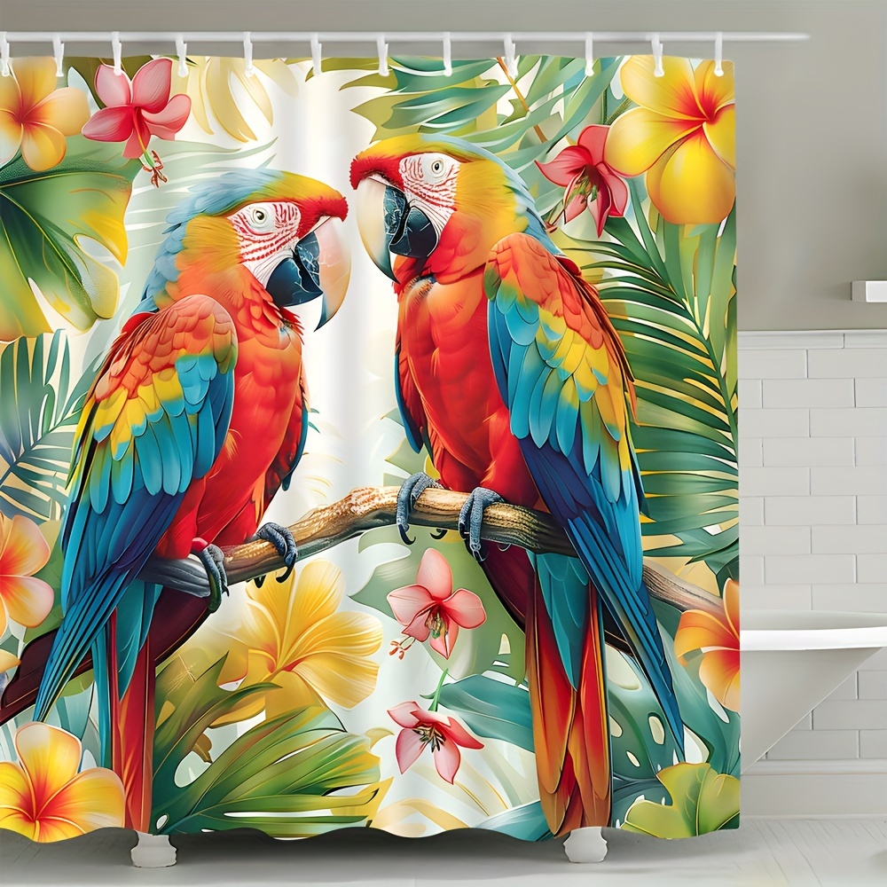 

1pc Tropical Parrot Shower Curtain, Floral And Greenery Exotic Bird Animal Print, Spring Scenery Polyester Fabric Bath Decor, 70.8x70.8 Inches With Hooks Included