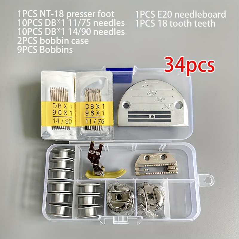 E-shop 34-teiliges Industrie-Nähmaschinen-Nähfuß-Set, NT-18 Kunststoff-Nähfuß, hitzebeständige Nadel DB*/75, 14/90, 2 Stück Spulenkasten, 9 Stück