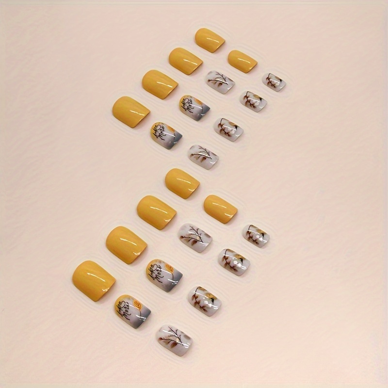 24pcs set glossy yellow press on nails short square fake nails romantic leaves style false nails solid color full cover fake nails for women girls daily wear details 0