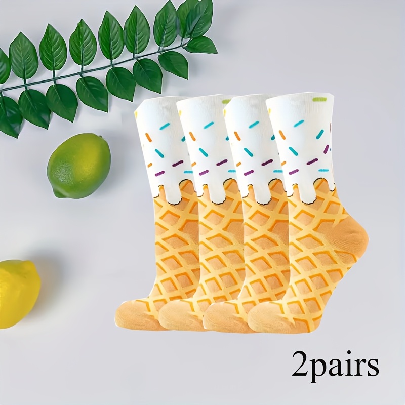 

Women's Ice Cream Print Knee-length Crew Socks, 100% Polyester Knit Fabric, Hand Washable, Fashion Mid-calf Socks For Ladies
