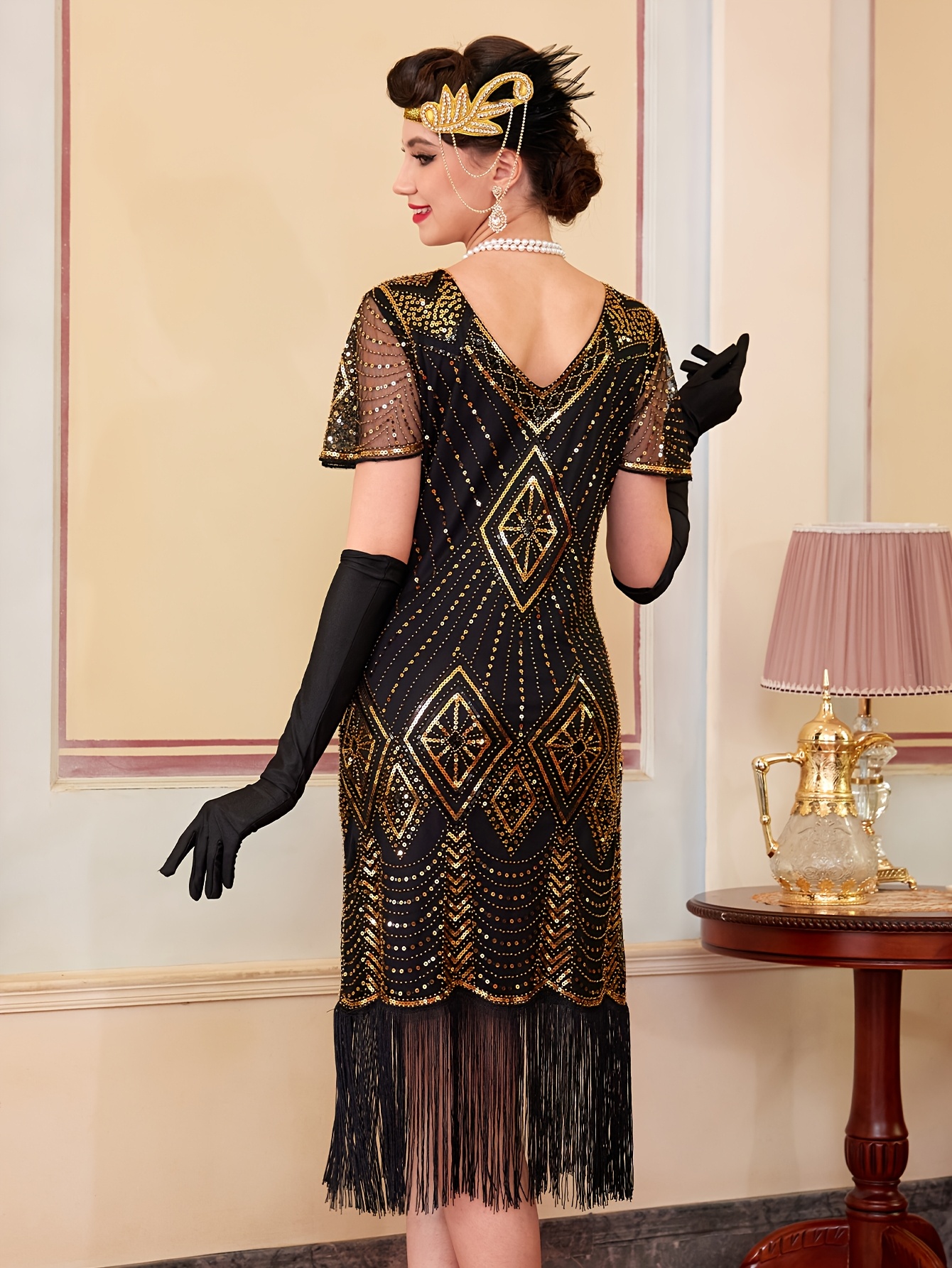 green emerald velvet dress Zapaka Women Plus Size 1920s Dress Long Burgundy Flapper Dress with Sequin, Black&Pink / 2XL main image 1