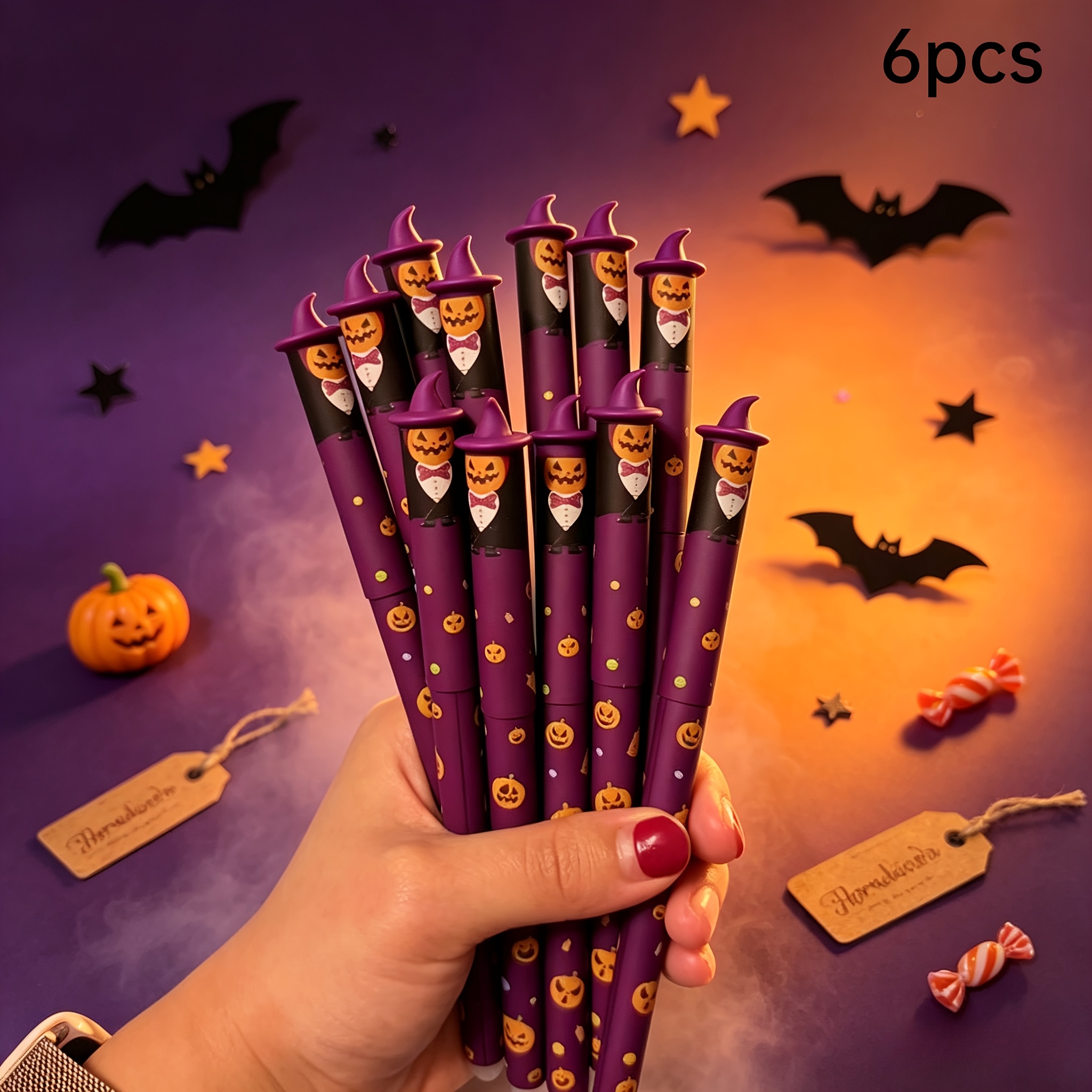 TEMU 6 penne unisex stile strega zucca, penne cancellabili stile Halloween, punta da 0.7 mm, scrittura , regalo per feste di Halloween, serie