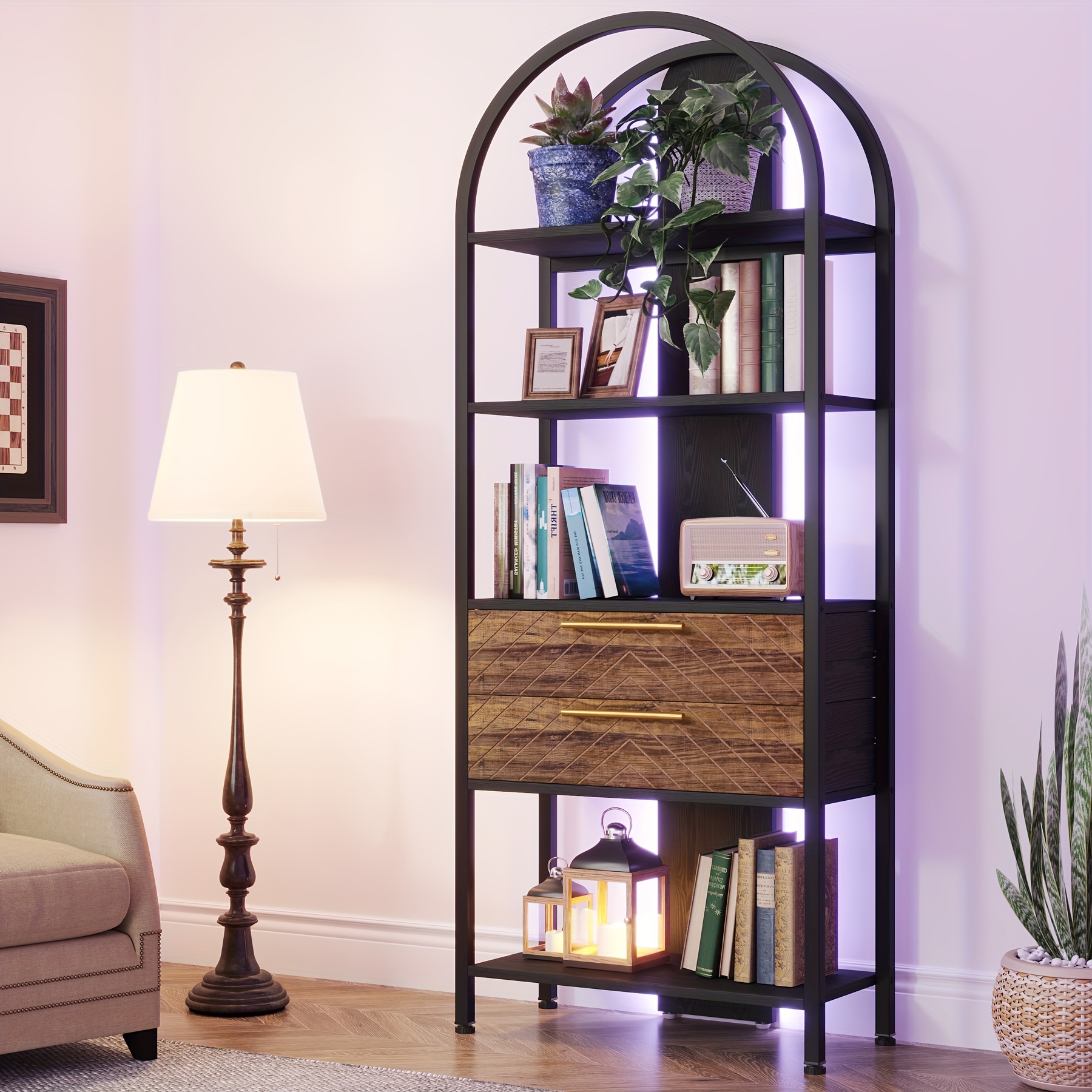 

Little Tree 4-tier Bookshelf With 2 Drawers, Industrial Open Book Shelf Arched Bookcase, 70.8" Tall Storage Shelves Display Rack And Metal Frame For Living Room, Home Office