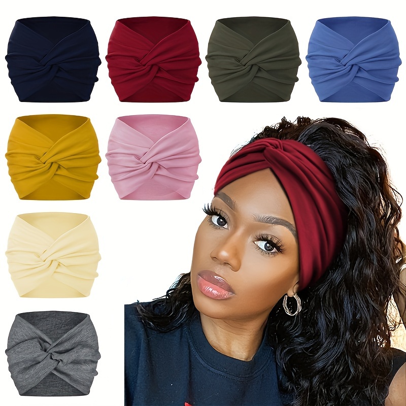 

4-pack Women's Wide Headbands - Knotted Bohemian Style Elastic Turban Head Wraps - Soft Cotton Blend Solid Color Hairbands For Yoga, Running, Sports - All-season Stretchy Hair Accessories