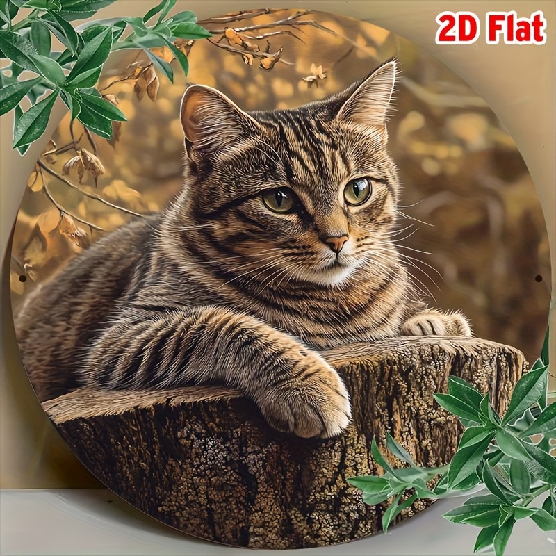 TEMU 2D Gatto Tabby Stiloso su Targa in Alluminio, Poster d' Murale Vintage Impermeabile, Antipolvere e Resistente, Facile da Appendere. per Interni