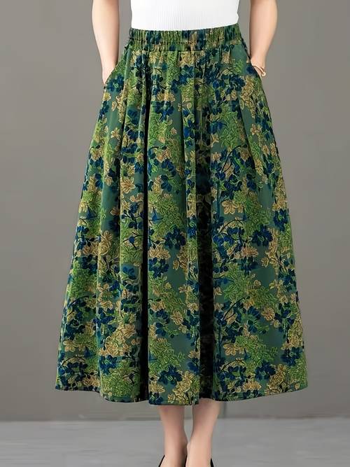 floral print midi skirt a line skirt elastic waist pocket casual large swing skirt spring and summer midi skirt