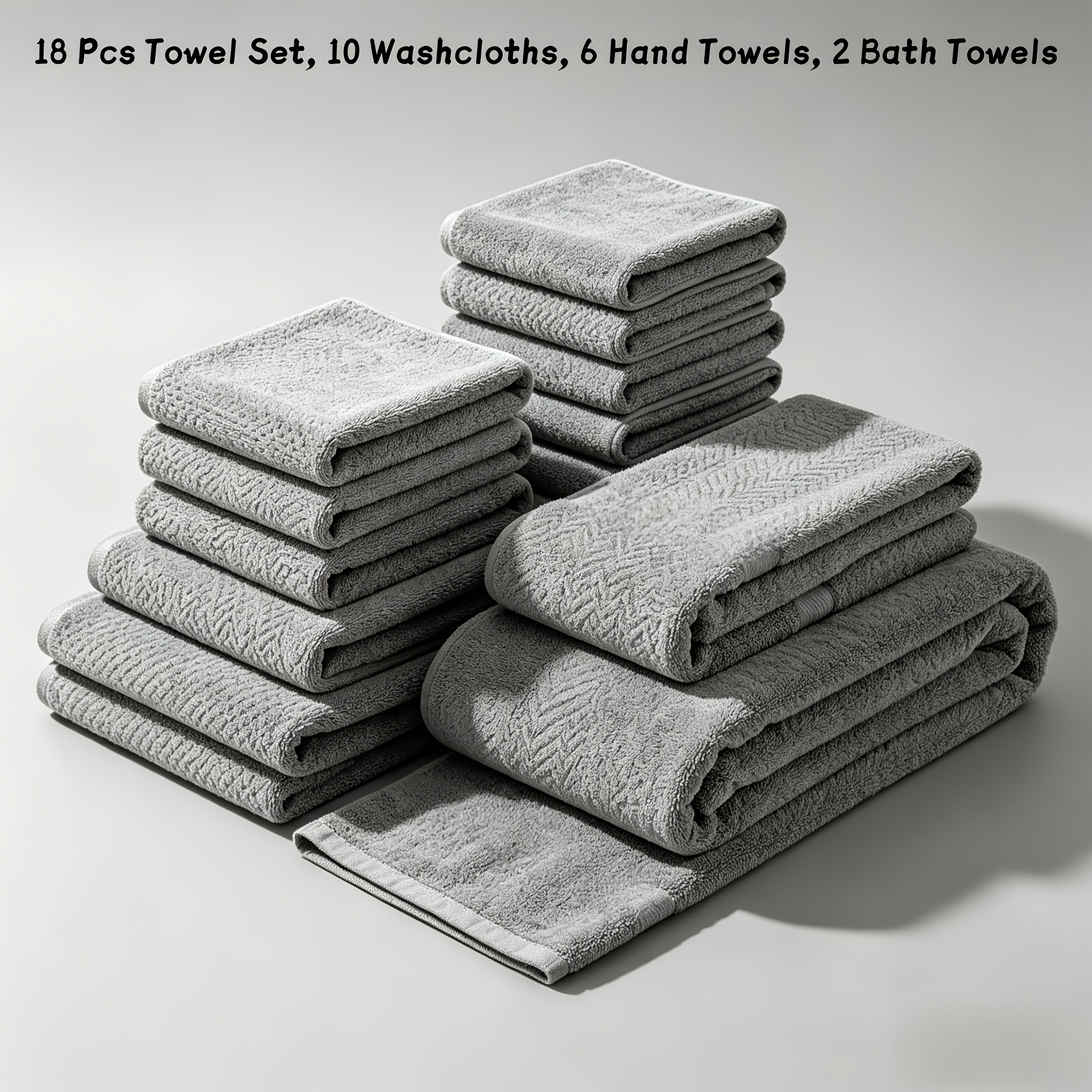 TEMU 18pcs Premium Chevron Pattern Towel Set With 2 Bonus Bath Sponges, 10 Washcloths 6 Hand Towels 2 Large Bath Towels, Ultra Soft Absorbent Towels