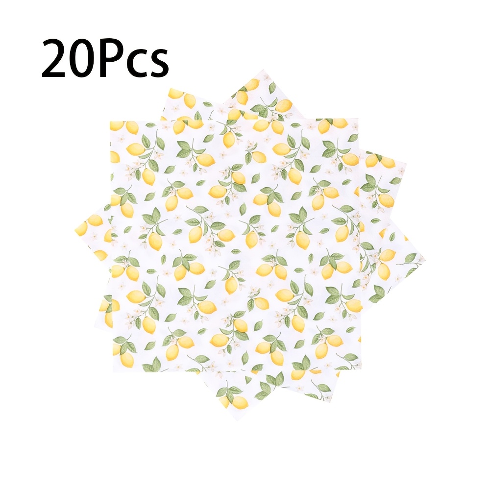 TEMU 20pcs/40pcs/60pcs Lemon Print Paper Napkins Suitable For Weddings, Birthdays, Picnics - 2-ply Lemon & Leaf Pattern Disposable Tissues, Spring