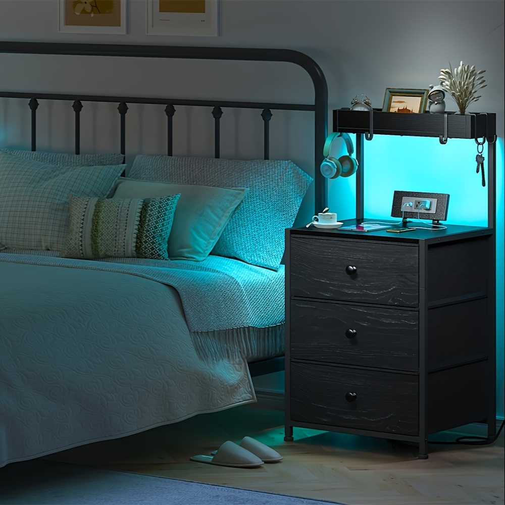 TEMU Tall Nightstand With Charging Station And Led Lights Nightstand With 3 Drawers And Shelves Bedside Table With Usb Ports And Outlets, For Bedroom, 4 Hooks, Black, White.