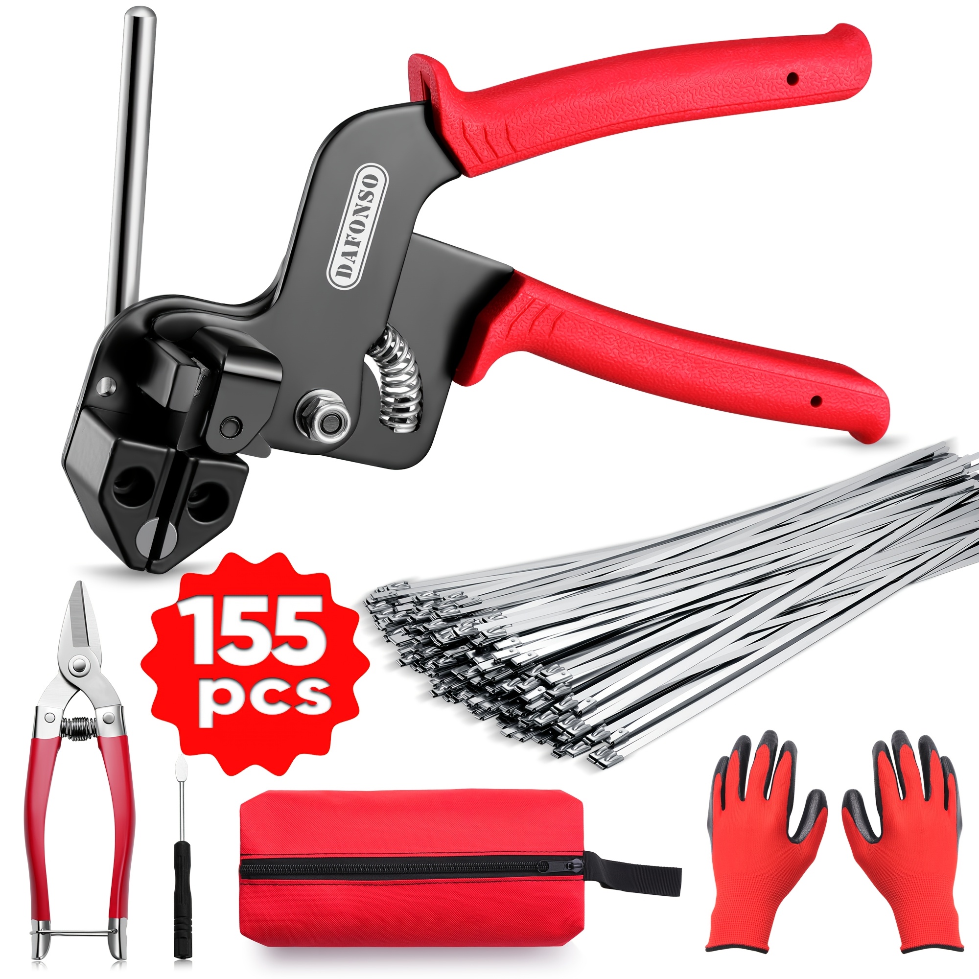 TEMU Heavy Duty Stainless Steel Cable Tie Gun Kit 155pcs Includes Metal Zip Ties (3 Sizes) Wire Cutting Scissors For Outdoor Fencing Cable Bundling Exhaust Repair And Industrial Use Set