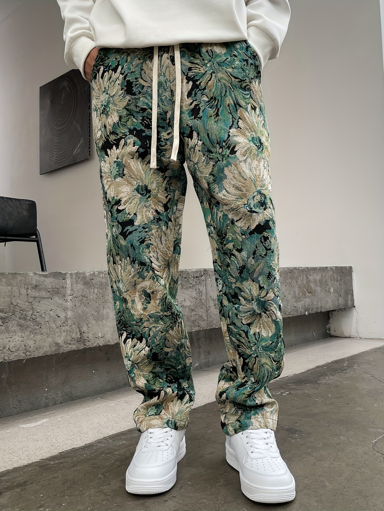 k1166 men's casual floral embroidered drawstring pants