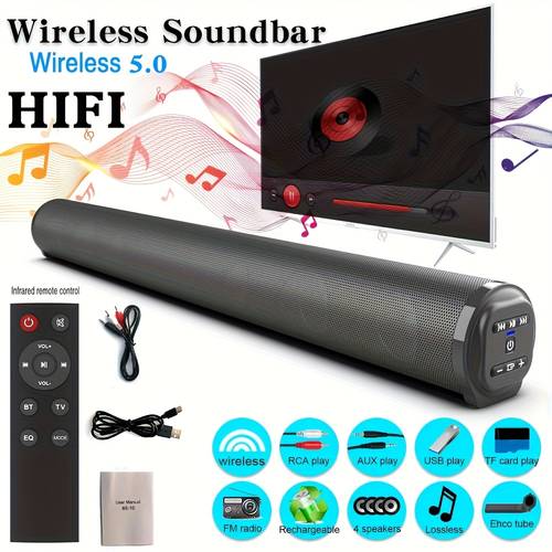 un conjunto completo de altavoces de televisión con un altavoz subwoofer inalámbrico de sonido envolvente diseñado para uso en cine en casa, que un control remoto. de amplificación de sonido envolvente inalámbrico con subwoofers y de aire.