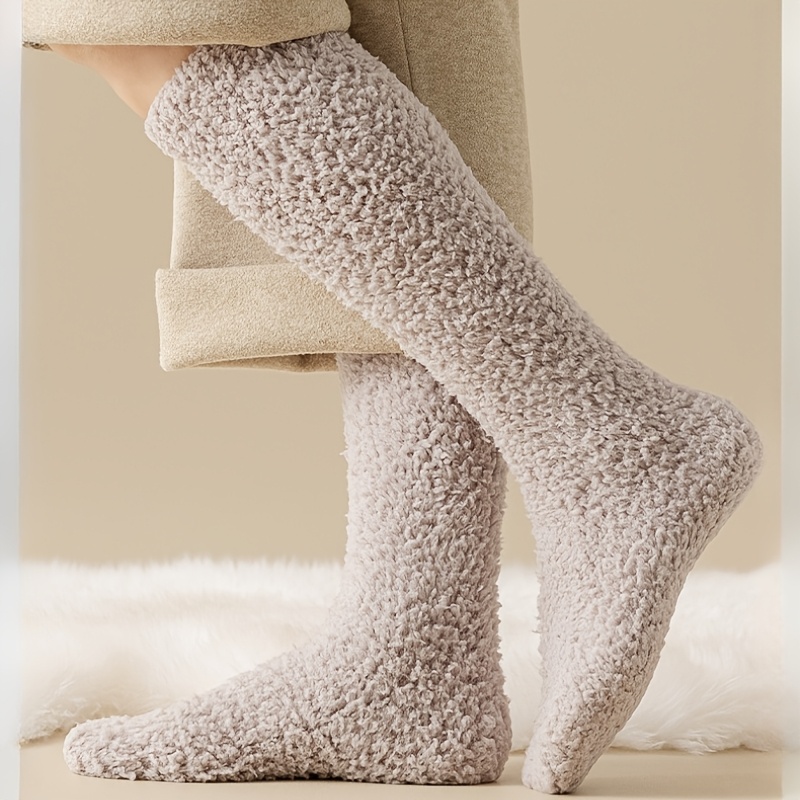 Image of Couple' Thickened Winter Warm Lined Knee-length Floor Sleep Socks - Coral Leg Protectors Suitable For Winter & Autumn, Cozy Bedside Socks For &, Hand/dry Thermal Socks