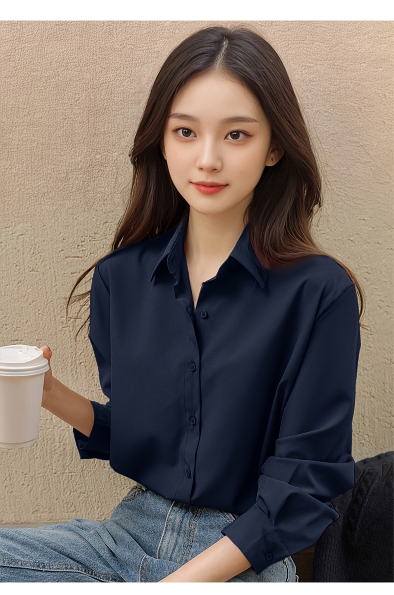 elegant womens navy blue long sleeve shirt casual collar Temu