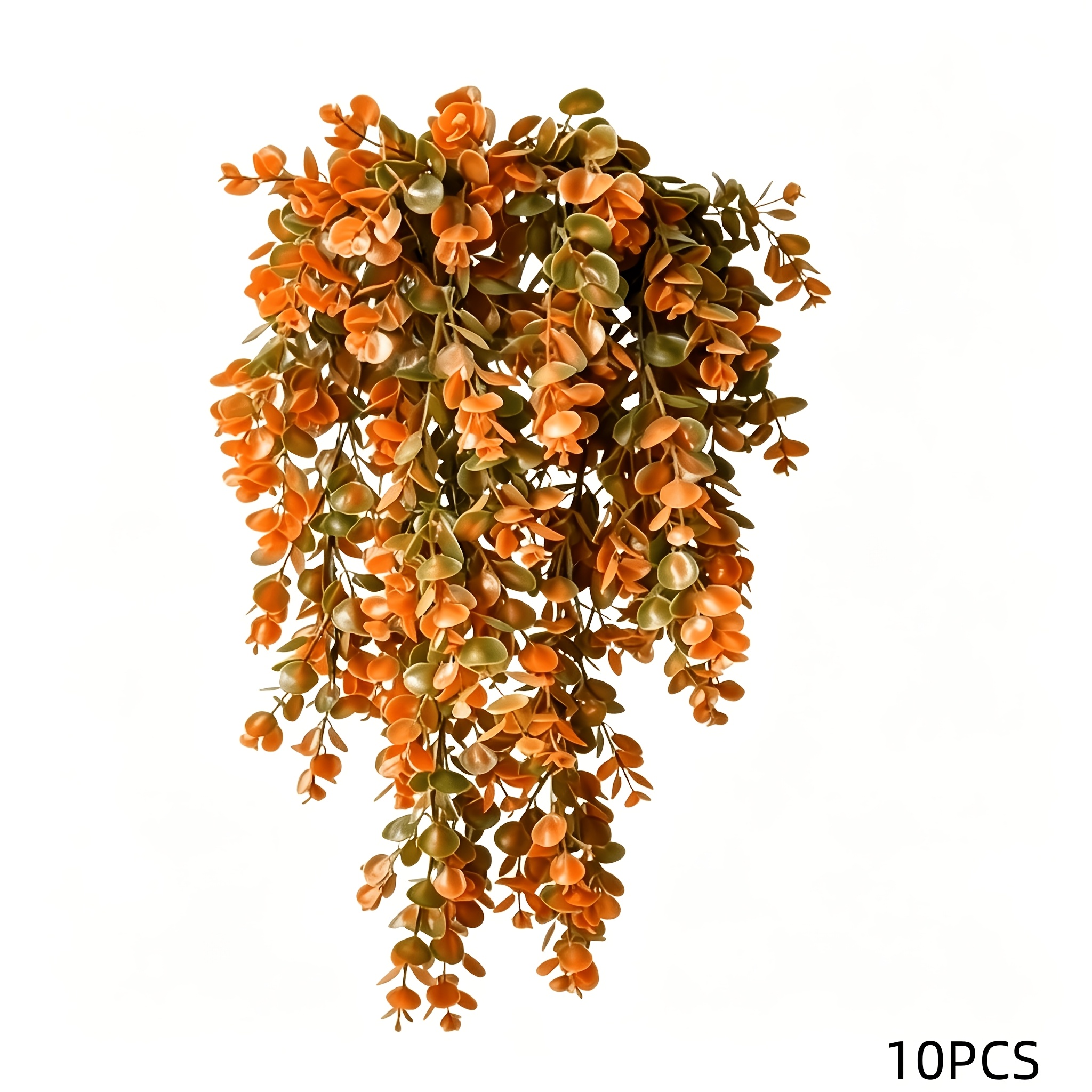 TEMU 10pcs Faux Eucalyptus Hanging Greenery, Featuring Autumn Color Palette, And Leaves With Gradient Orange-brown Tones. Elegant Drooping Branches