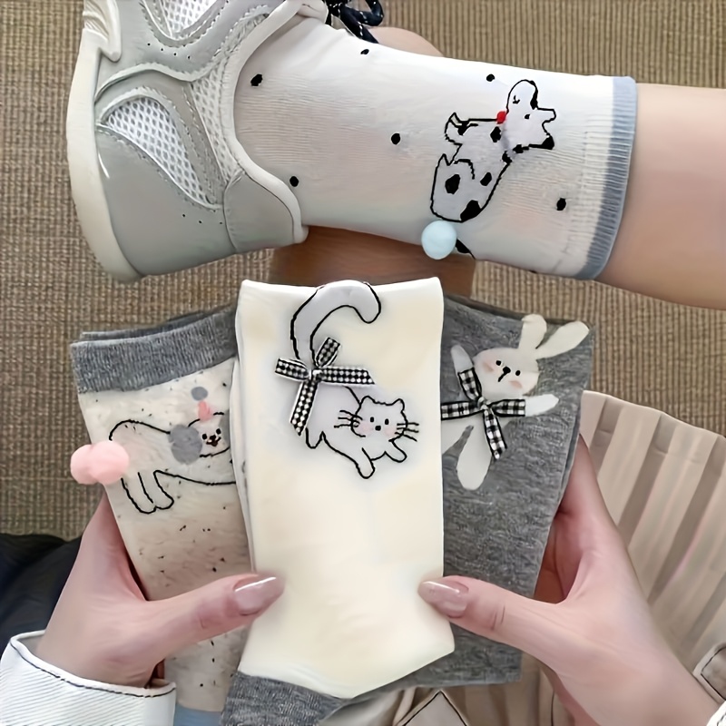 E-shop 4 Paar Sommer Schleife Niedliche Mid-Tube Socken Damen, Cartoon Welpen Knochenlose Pile Socken, Koreanischer Stil Dünne Mid-Tube Socken