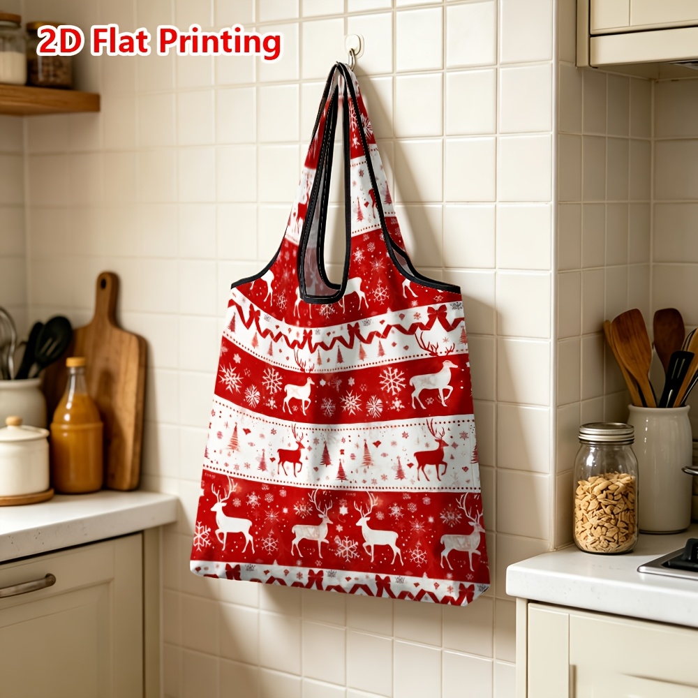 printed design not textured 1pc reusable grocery bags christmas reindeer snowflake 2d printed foldable bag for daily shopping