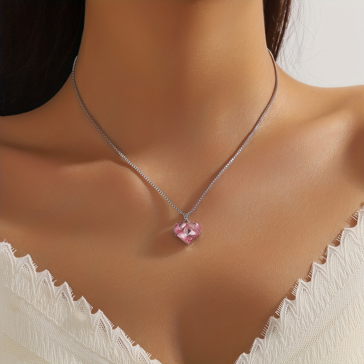 TEMU 1pc Collana da donna con ciondolo a forma di cuore in vetro e Y2K europea e americana con catena a scatola, regalo