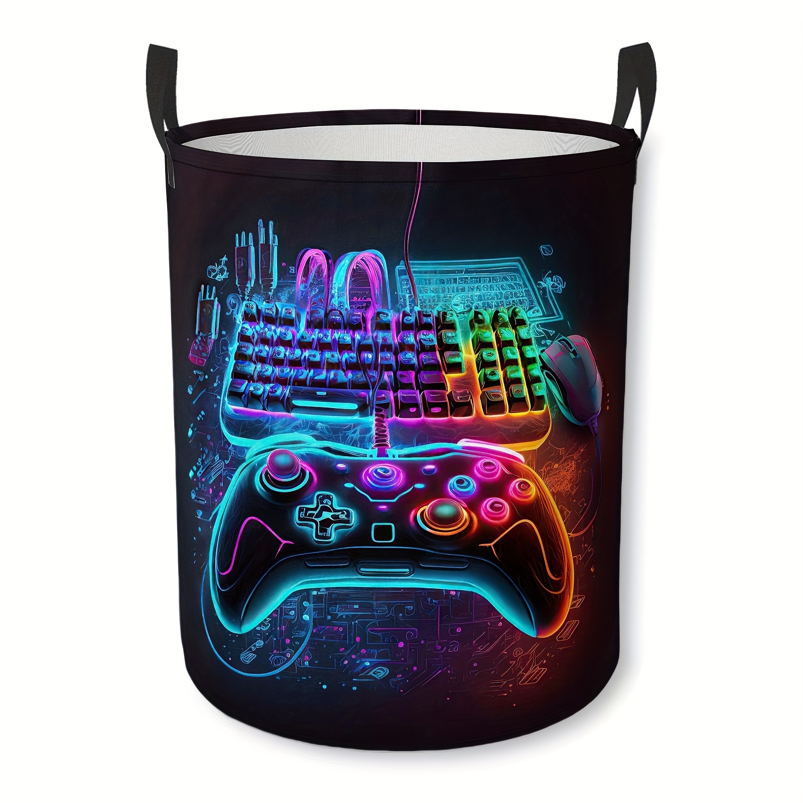 TEMU 1 stuks Gaming-Thema Opbergmand met Neon -The- - Ronde Opvouwbare Kleding- en Speelgoed Organizer met Stevig Handvat, Duurzame Stof voor Thuis,