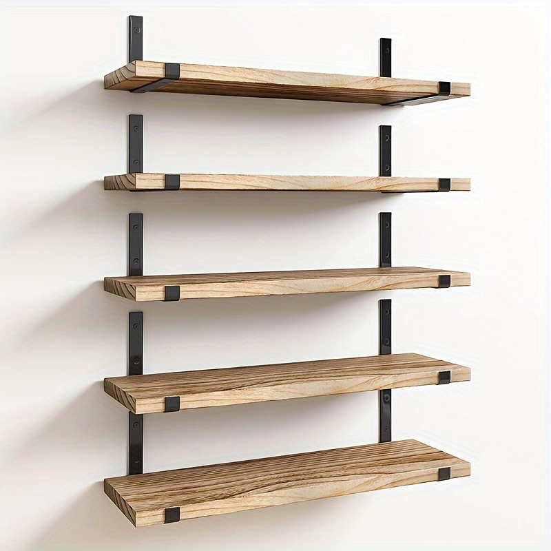 TEMU 5pcs Floating Shelf Set, Decorative Wooden Wall Shelves, Rustic Style Wall Storage Rack, Suitable For Bedroom, Living Room, Kitchen, Bathroom,