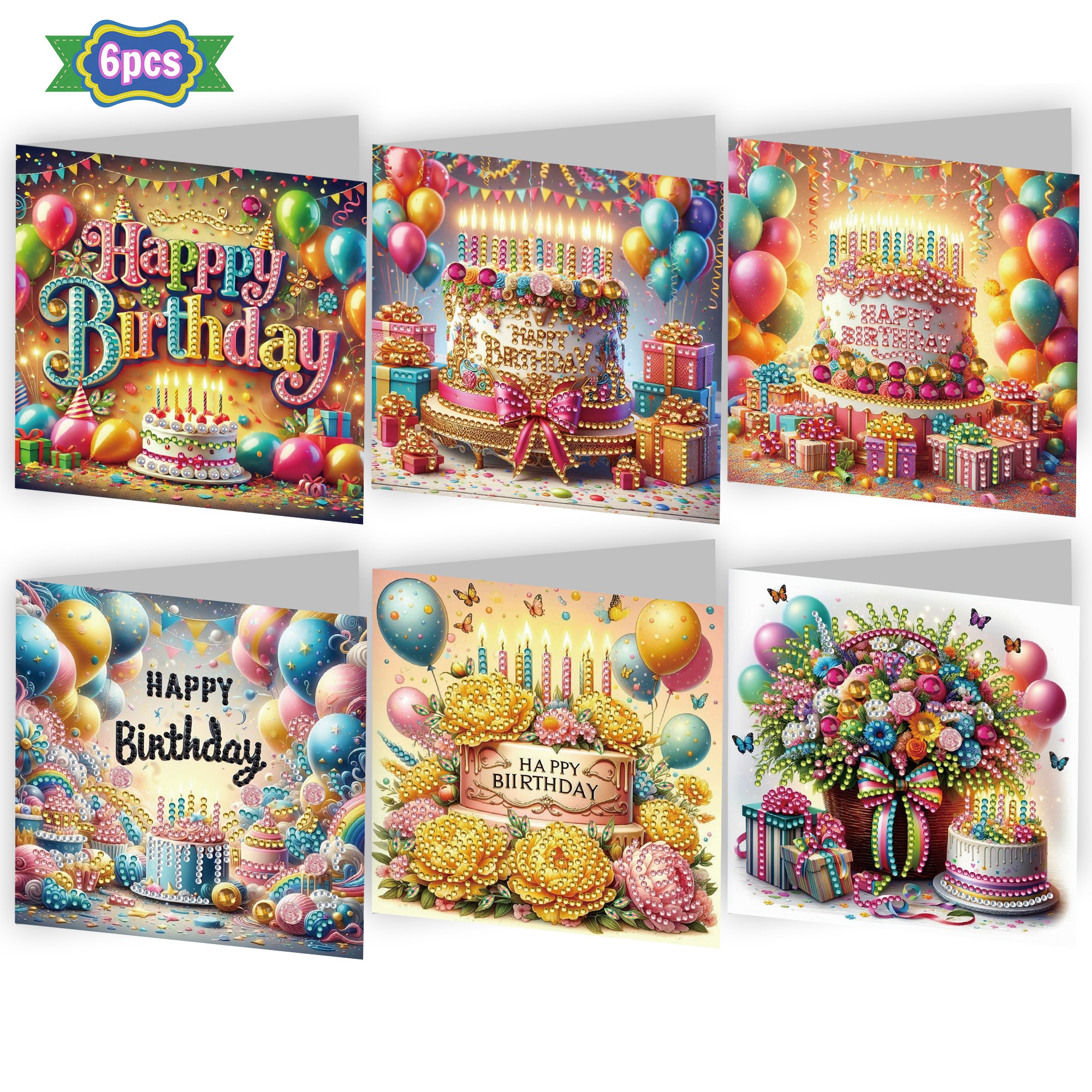 TEMU 6pcs Birthday Themed Diamond Painting Greeting Card Set, Diy Irregular Shaped Rhinestone Painting Birthday Card Craft, High-quality Craft Paper