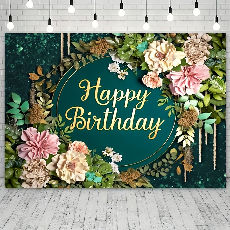 TEMU 1pc, Happy Birthday Polyester Photography Backdrop, Flower Green Grass Background - Party Decorations Banner For Women And Men, Photo Booth Supplies