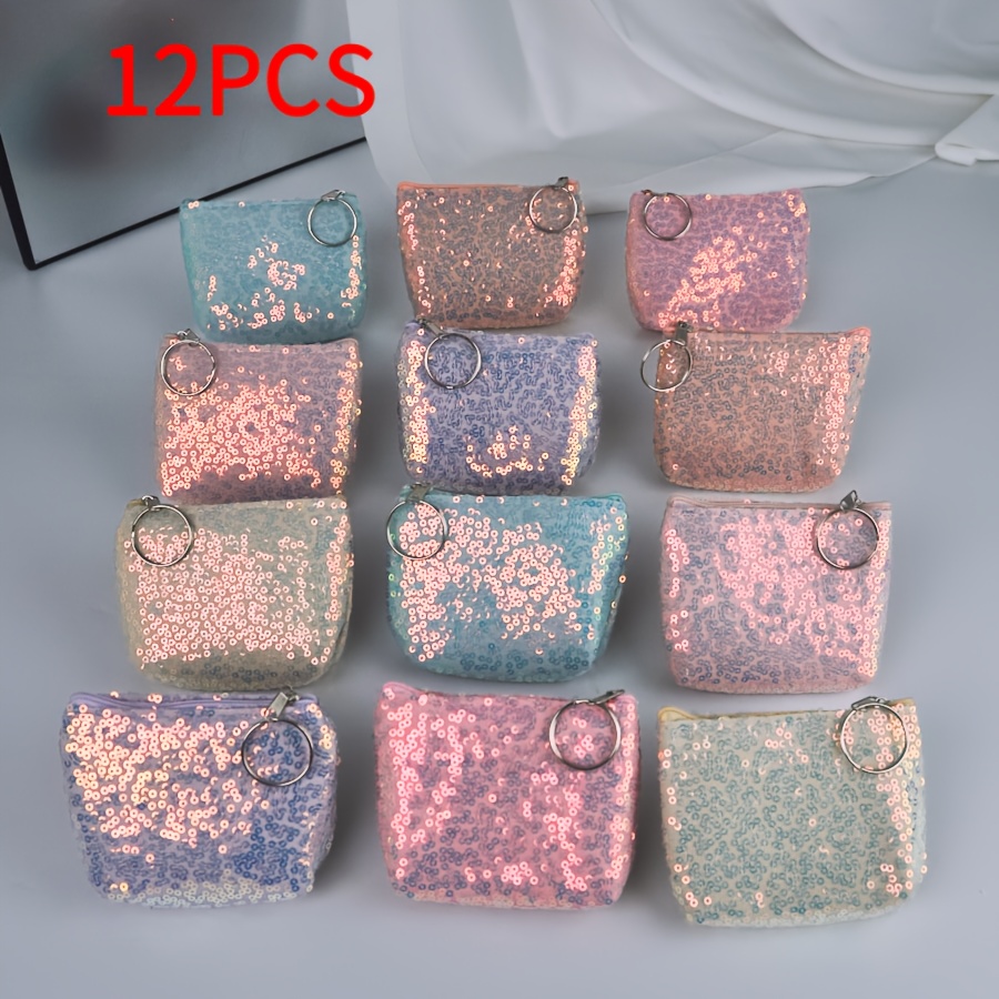 TEMU Travel Wallet, 12pcs Compact Coin Purses With Detachable Key Ring Design, Small Round Sequin Hanging Bags, Coin Bags, Card Holders, Suitable For