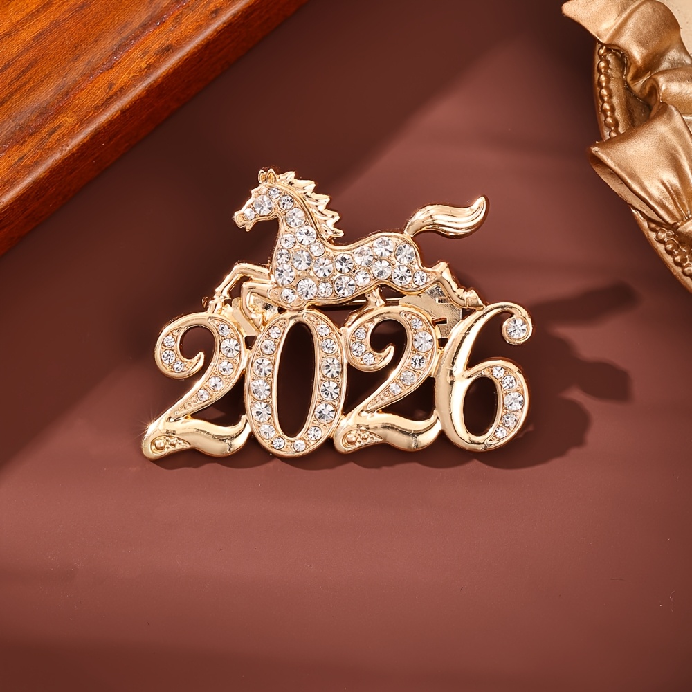 TEMU 2026 New Year Of The Horse Rhinestone-embedded Enamel Badge, Made Of Fully Alloy, A Daily And Holiday Accessory Brooch For Women, Suitable For