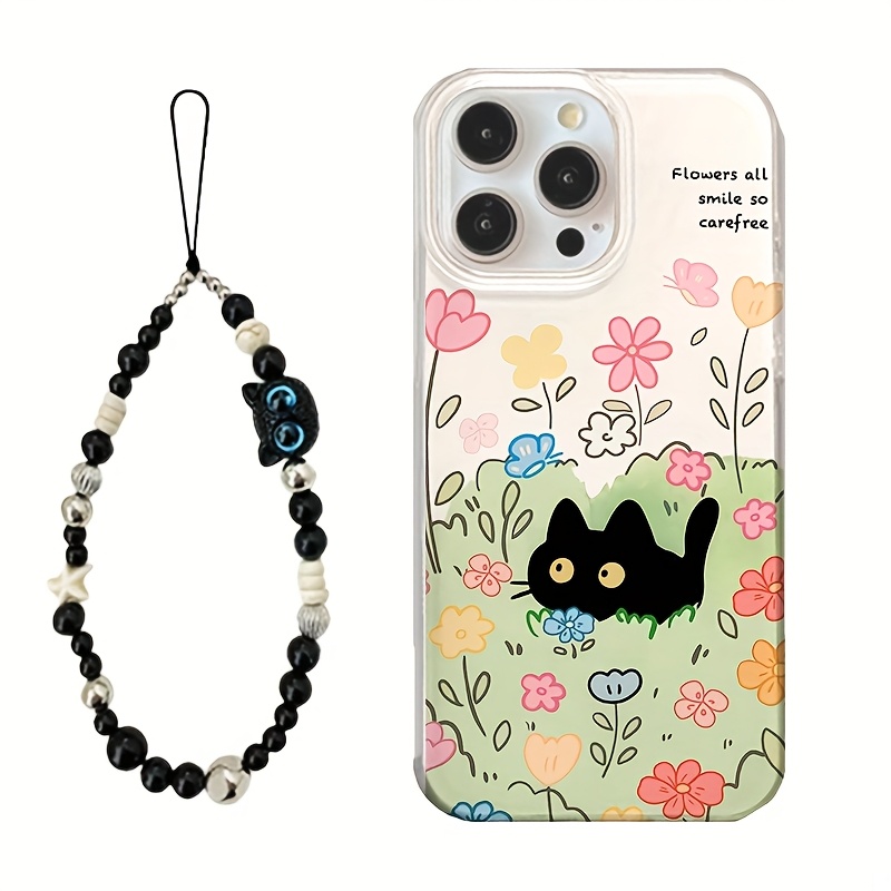 TEMU A Phone Case Featuring A Translucent White With A Small Black Cat In , Accompanied By A Black Cat Chain, Compatible With For Iphone Models 11