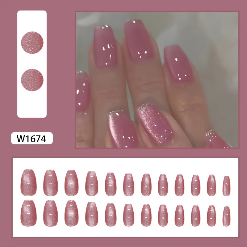 TEMU Trade Fake Nails Cat Eye Wearable Nails Removable Nail Sheets Simple Front End Thin Flash Nail Stickers 24pcs