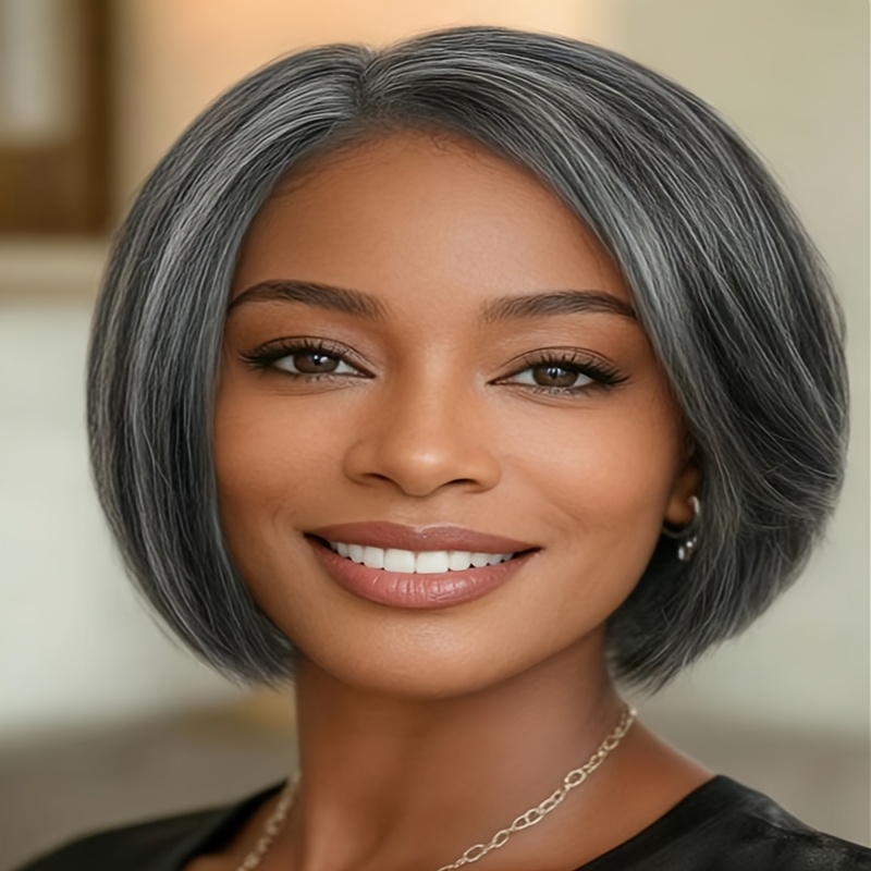 Image of Short And Pepper Bob Wig, Straight Black Gray Hair Wig, Bowl Cut, Cosplay Wig, Heat Resistant, Looking Synthetic Full Wig For Women