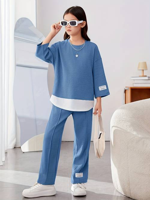 new european and textured zhangzai 9 inch sleeve top and fashionable textured zhangzai long pants two piece set suitable for outdoor activities