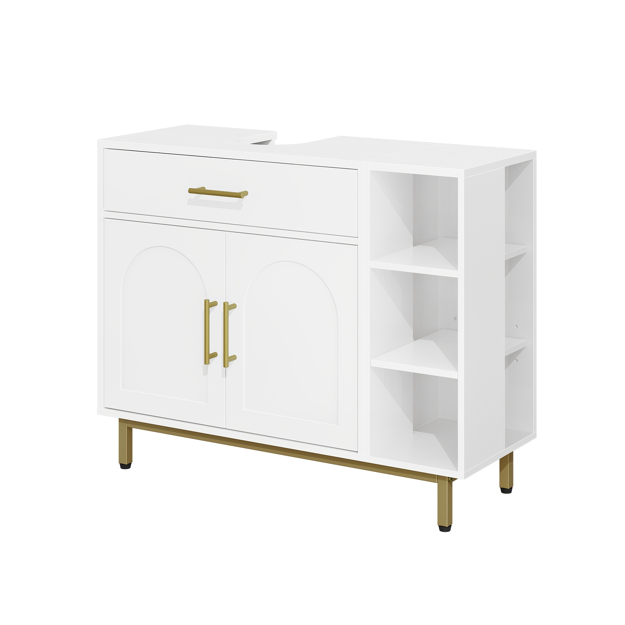 E-shop Washbasin Schrank, Badezimmer Schrank, 1 Schubladen 2 Schranktüren, Offener Fach mit 3 Ebenen, Verstellbare Regal, Weiß, 30 X 80 X 64cm,