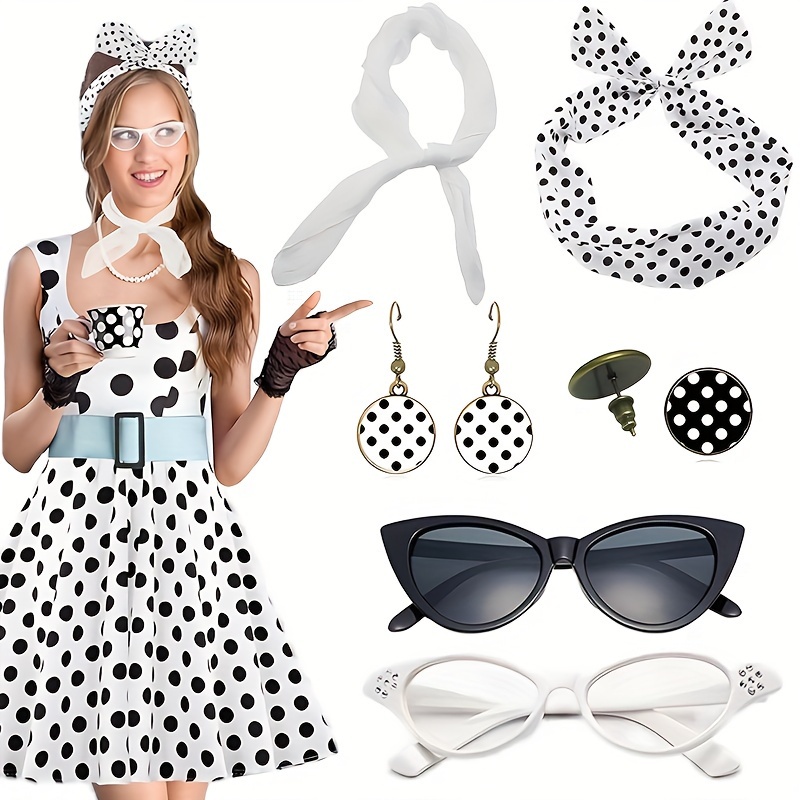 1950s retro party costume set cat eye glasses polka dot Temu