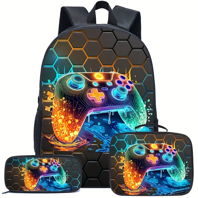 Gaming Console Trendy Pattern Backpack, Men's Large Capacity 3pcs Set Backpack, Casual Backpack