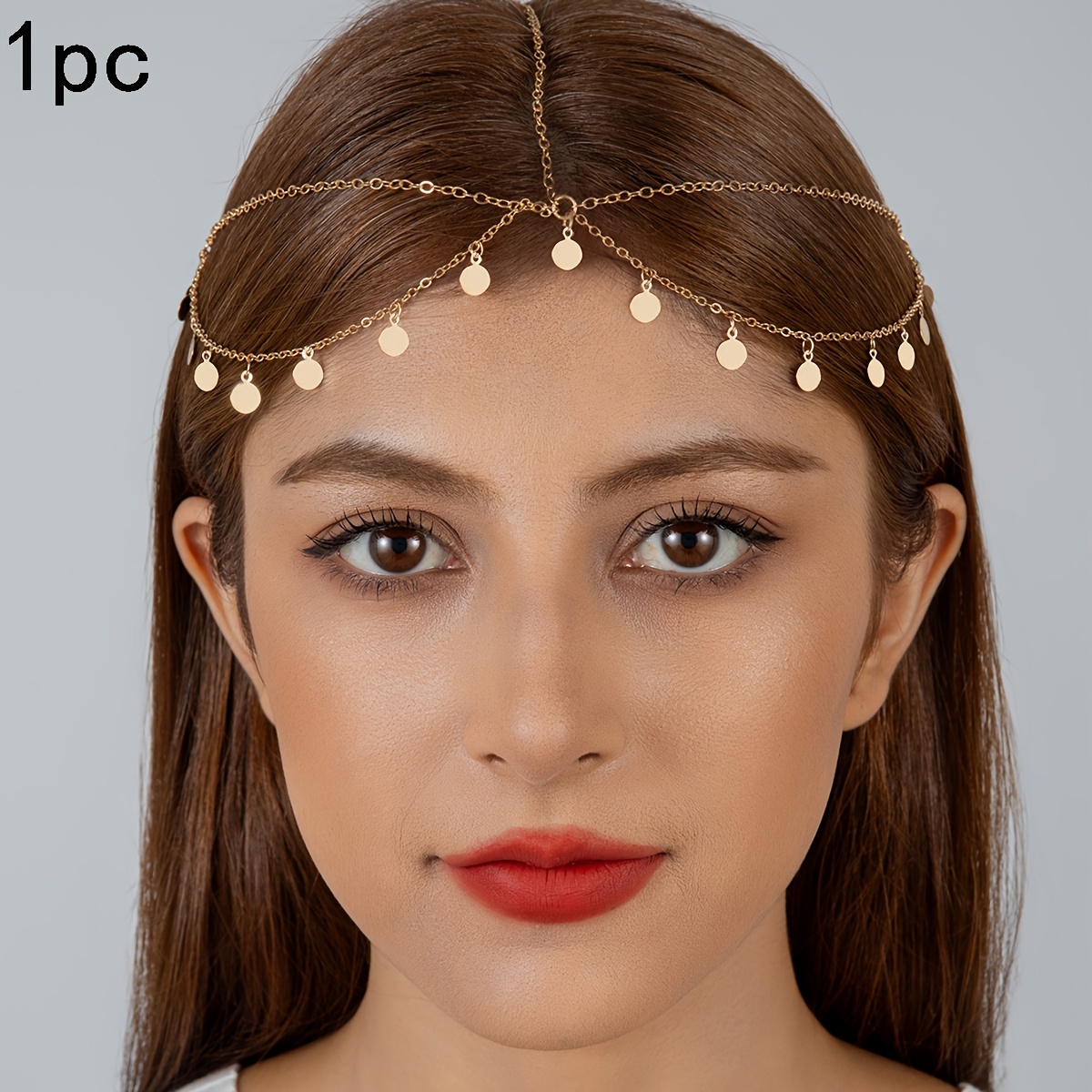 1pc Minimalist Elegant Metal Round Piece Tassel Pendant Head Chain Thin Chain Women's Dress Headwear Suitable For Party Banquets Perfect Gift For