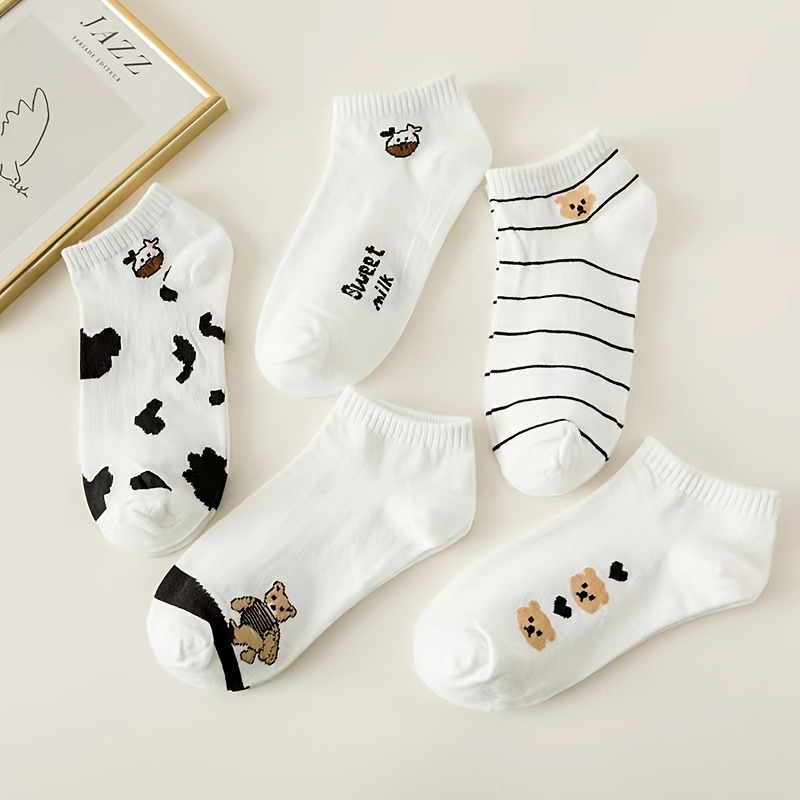 

5 Pairs Cartoon Print Socks, Cute & Breathable Low Cut Ankle Socks, Women's Stockings & Hosiery