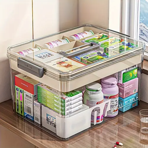 large capacity transparent medicine organizer with handle and lid waterproof multi layer storage box for home and