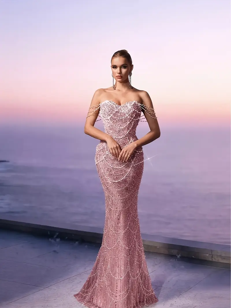 mermaid pearl sequin dress Glamrae Elegant Luxurious 3D Floral Pearl Sequin Lace Strapless Mermaid Dress, Weddings, Parties, Holidays, Formal Events(Heavily Embellished)