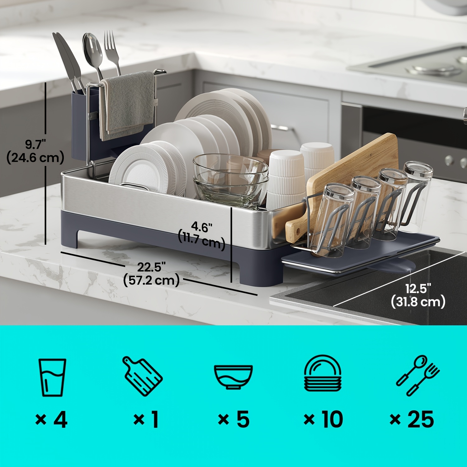 dish drying rack stainless steel dish rack with rotatable spout   fingerprint resistant dish drainers for kitchen counter 12 5 x 22 5in gray black utensil cup glass cutting board pan holders perfect gifts Product details 2