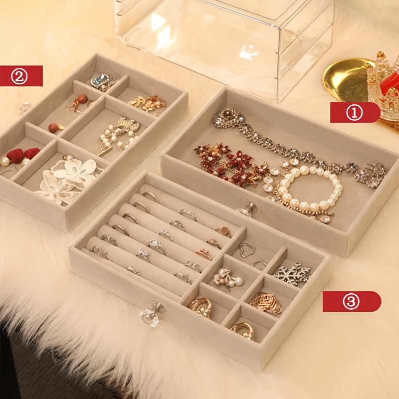 4 Plateaux Organisateur Bijoux Velours Gris Empilables - Rangement Bagues Boucles Colliers