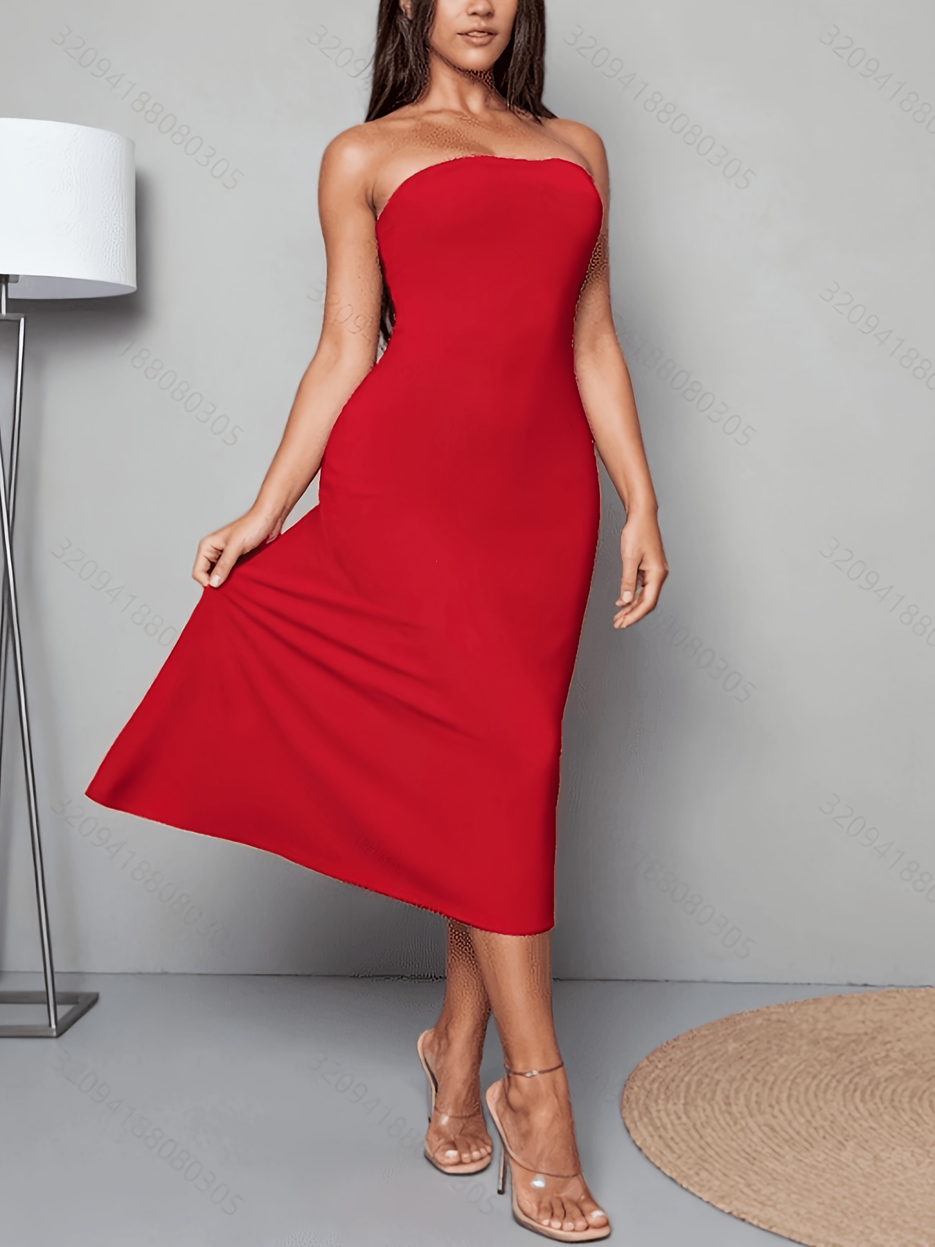 Women's Red Bodycon Tube Top Dress, Strapless Waist-Cinching A-Line Midi Dress, Simple Solid Color Evening Party Date Wedding Guest Elegant Dress