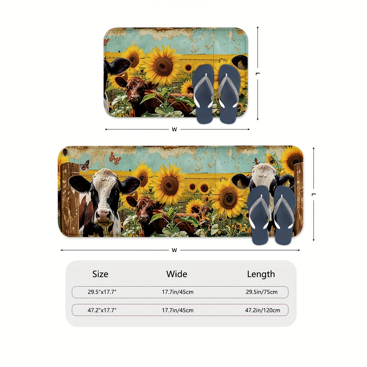 Farmhouse Küchenteppich-Set, 2-teilig – Wildblumen-Muster, Rutschfeste Fußmatten